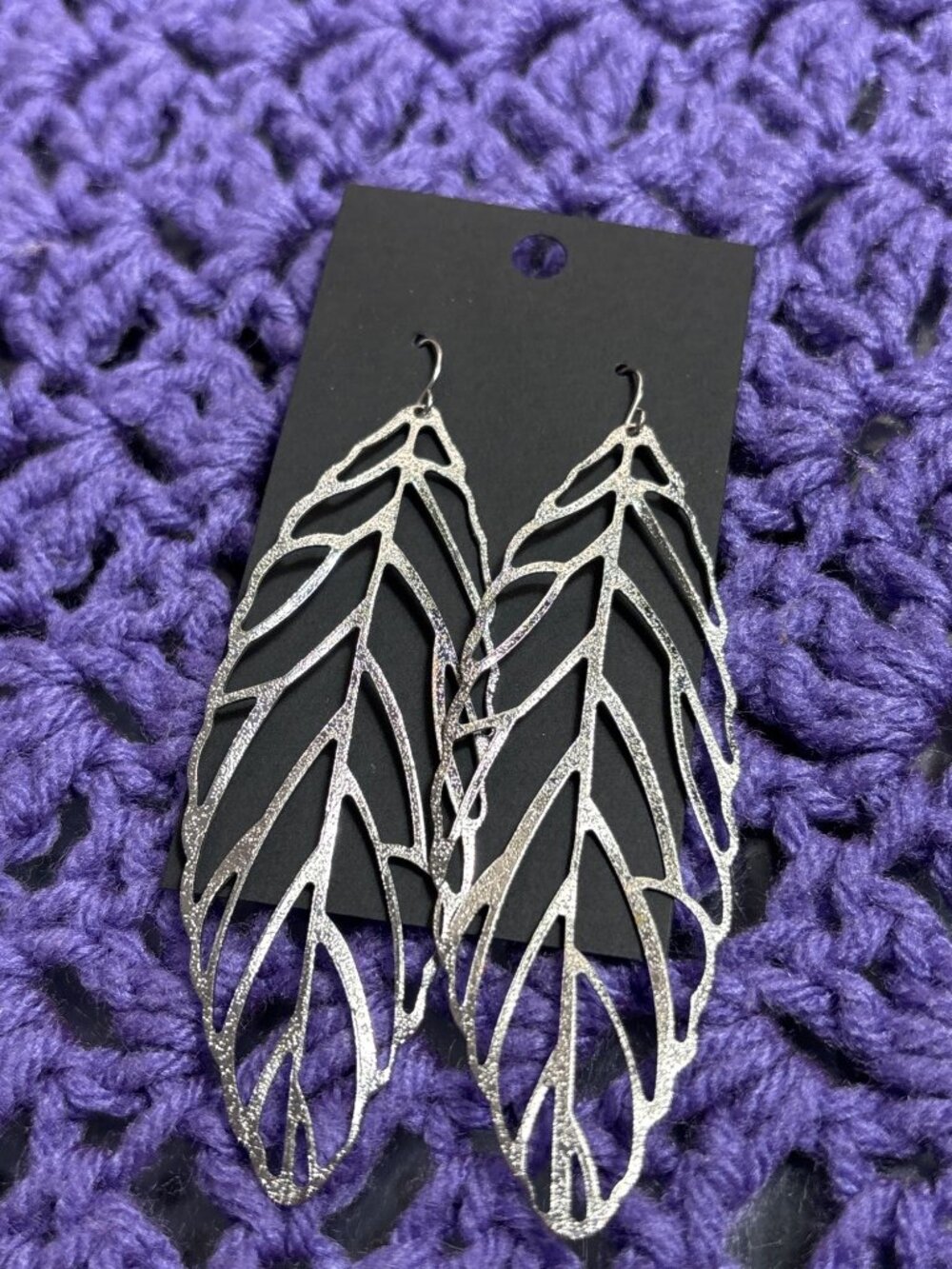 Silvertone Statement Leaf Dangle Earrings 3.5 inches